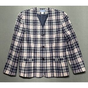 VTG Pendleton Wool Blazer Womens 12 Shoulder Pads Lined Pink Blue Plaid Academia